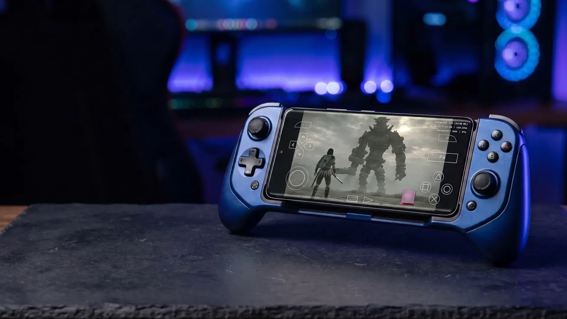 AetherSX2 emulator running PlayStation 2 gameplay on a handheld Android gaming controller