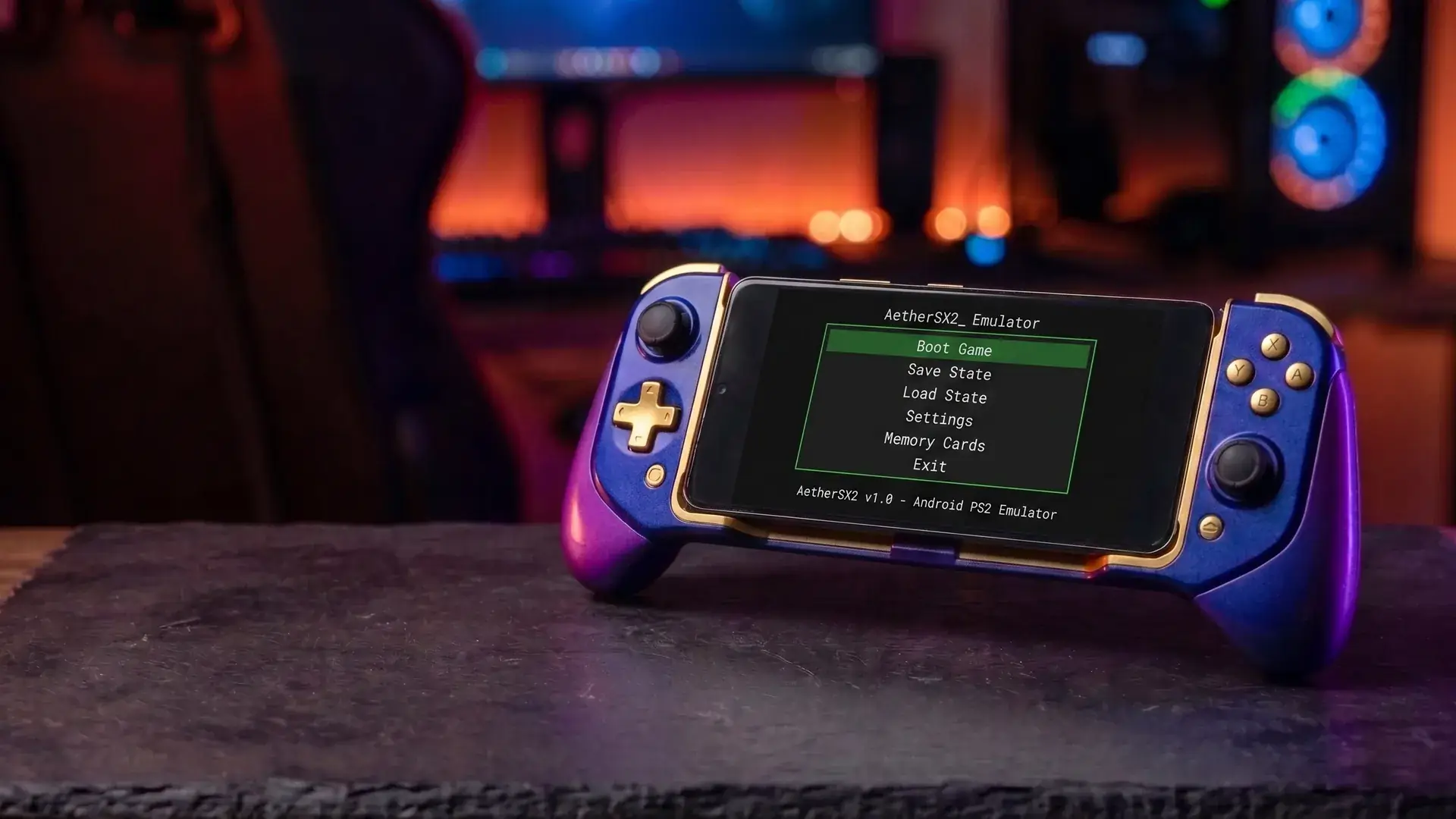 AetherSX2 emulator boot menu running on a handheld Android gaming controller
