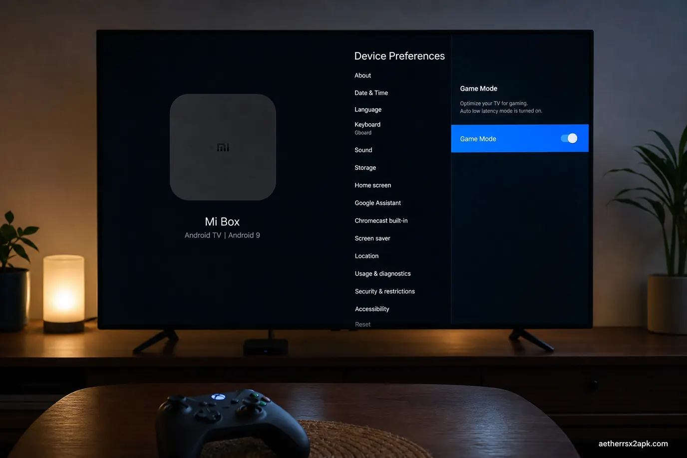 Living-room TV with Game Mode and a wireless pad