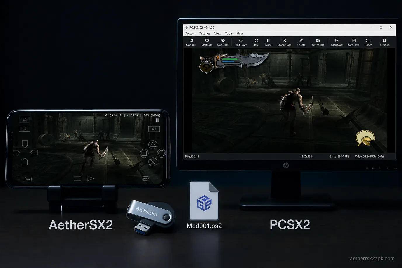 AetherSX2 on a phone beside PCSX2 on a desktop