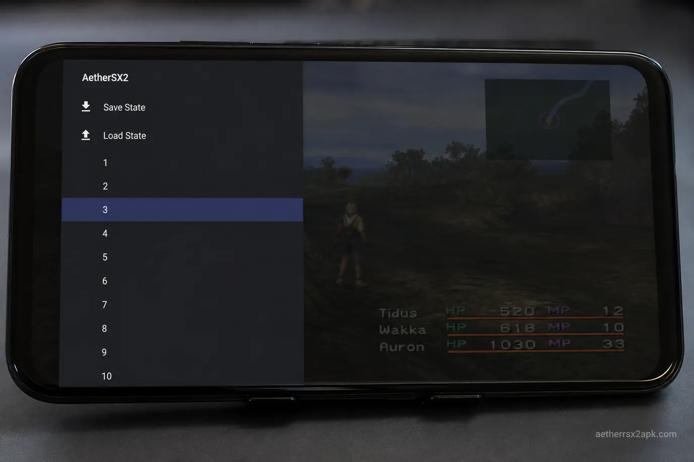 AetherSX2 save-state slots in the pause overlay