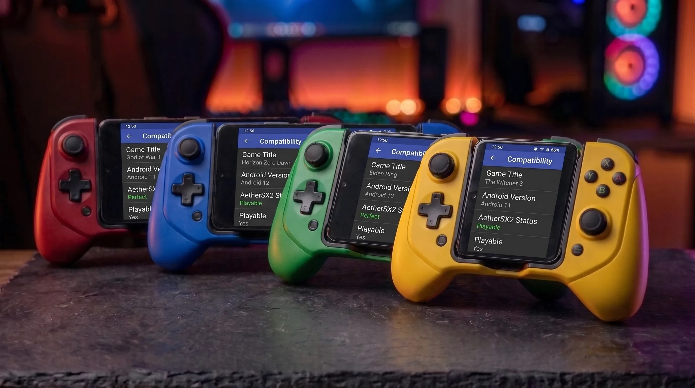 Four Android handheld gaming controllers side by side showing AetherSX2 game compatibility testing