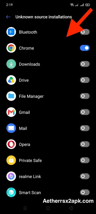 Android 'Unknown source installations' Settings screen with Chrome toggle enabled to allow AetherSX2 APK install