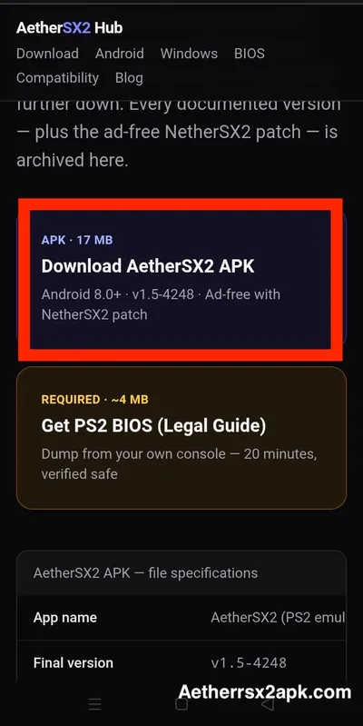 Android browser showing the AetherSX2 v1.5-4248 APK download in progress