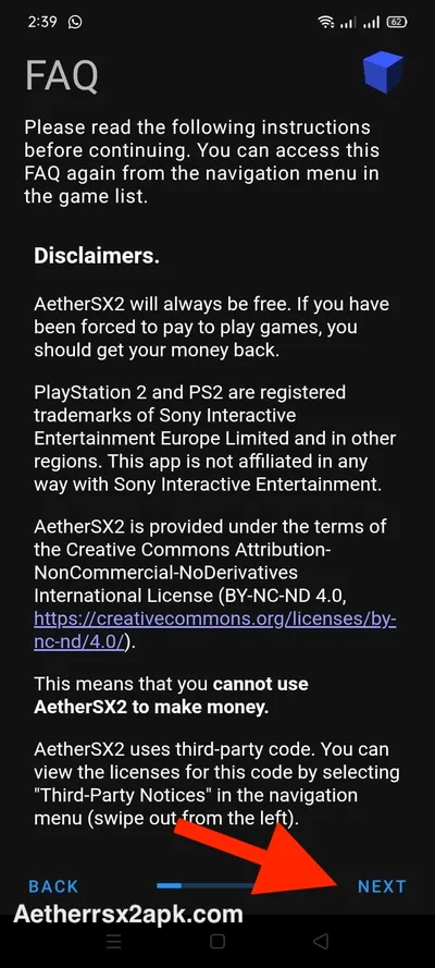 AetherSX2 first-launch FAQ screen explaining BIOS and legal requirements