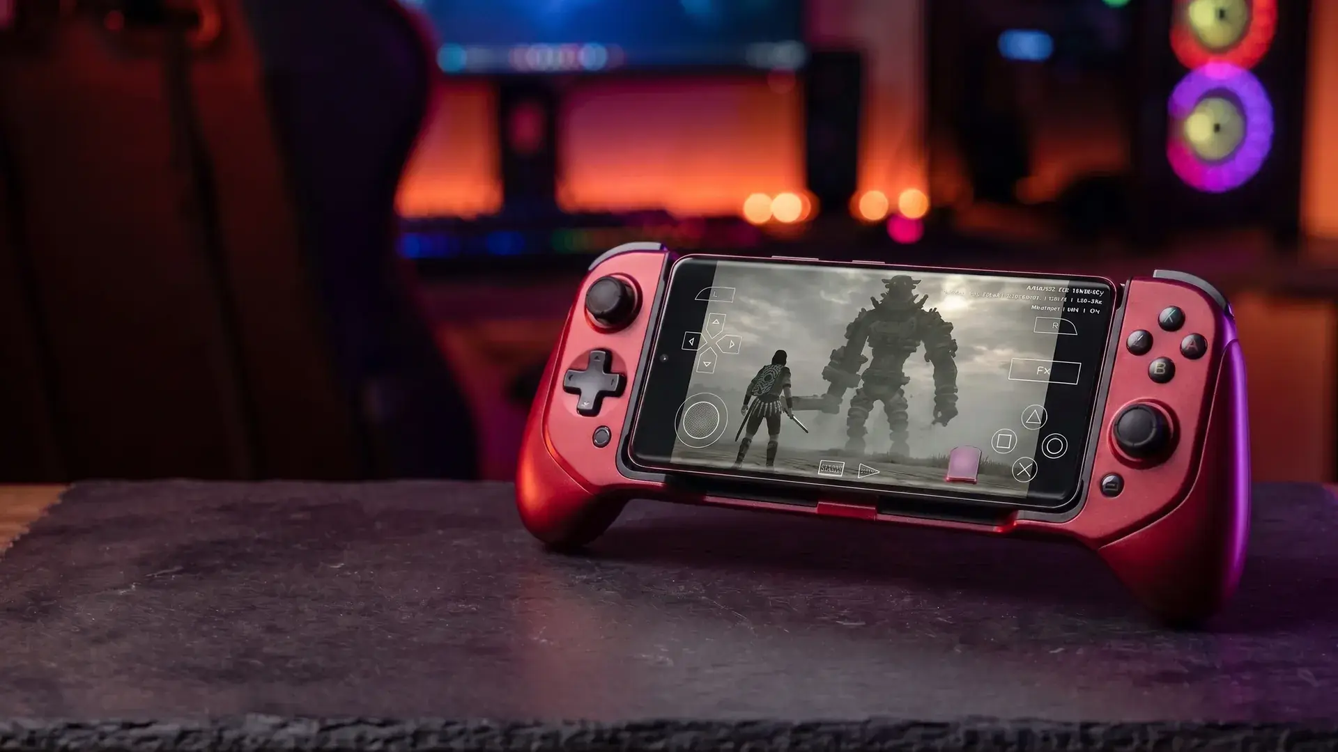 NetherSX2 emulator running a PS2 game on a red handheld Android gaming controller