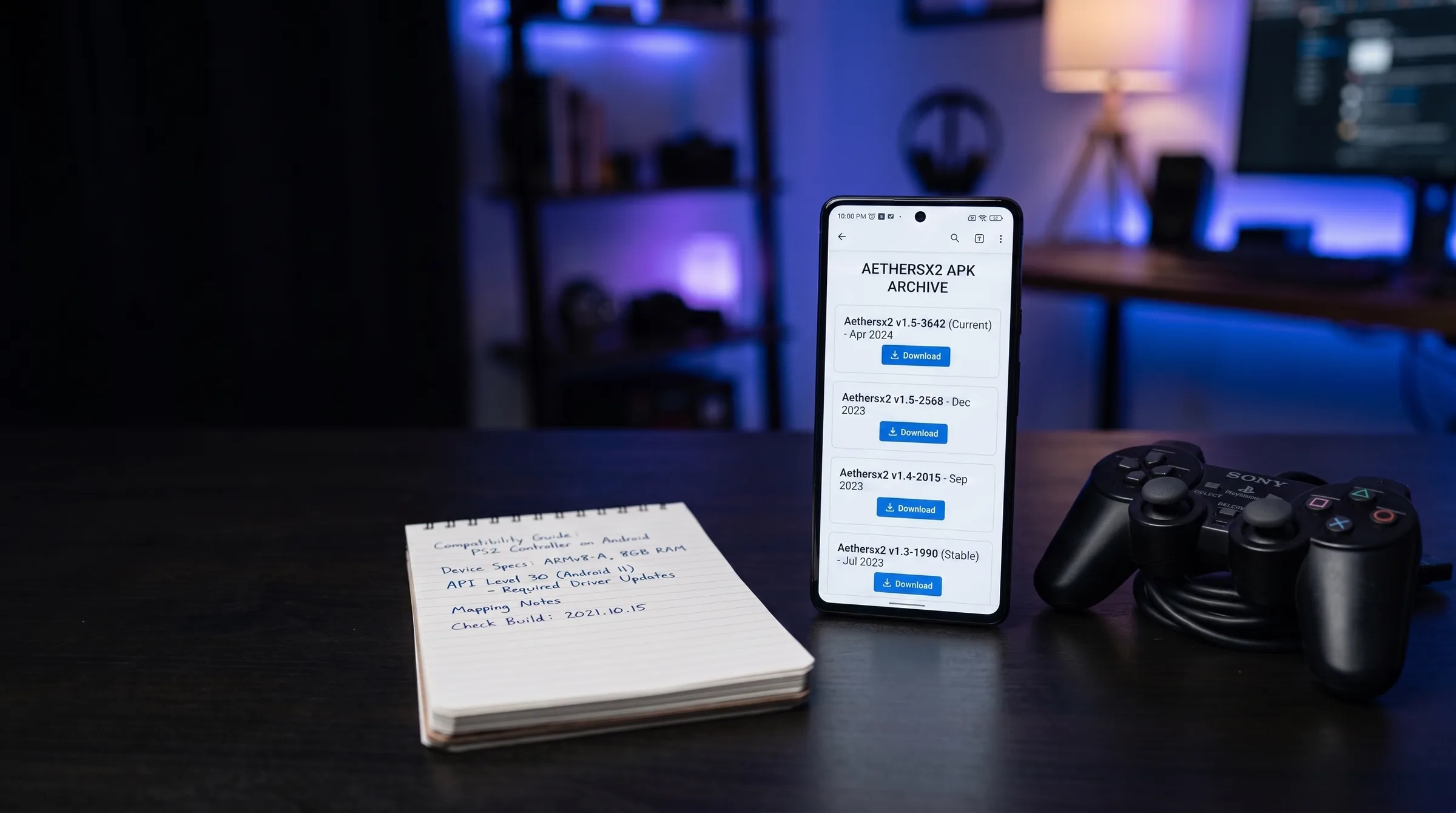 Android phone displaying the AetherSX2 APK Archive list of older versions with release dates and download buttons